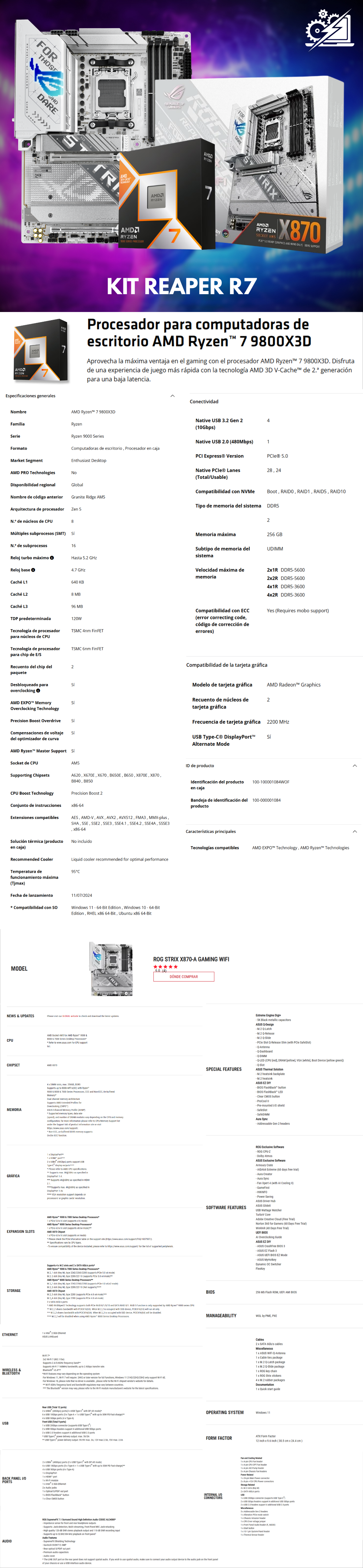KIT REAPER R7 / PROCESADOR AMD RYZEN 7 9800X3D / PLACA MADRE ASUS ROG STRIX X870-A GAMING WIFI ATX / PROMOCION