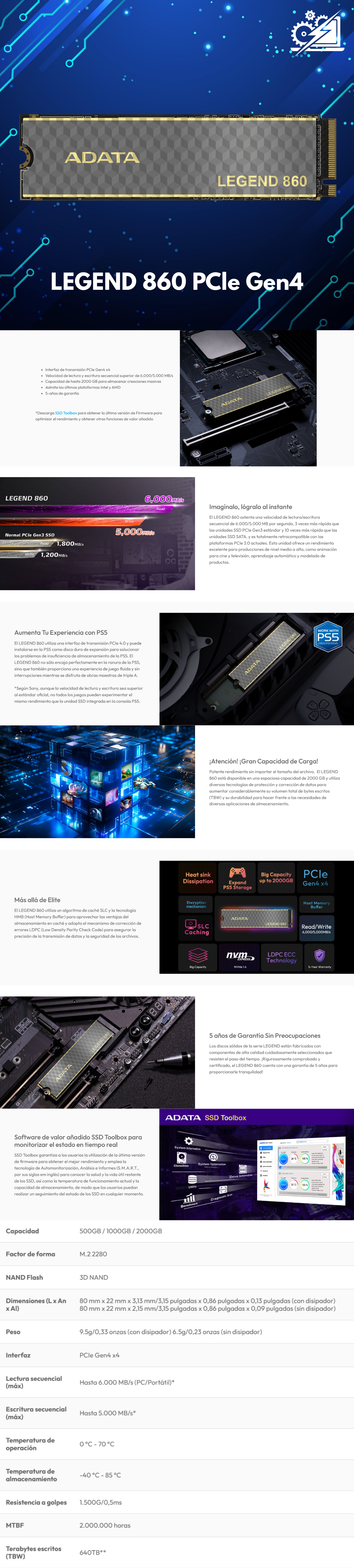Unidad de Estado Sólido SSD ADATA LEGEND 860 / 500GB / M.2 2280 / PCIe Gen4 x4