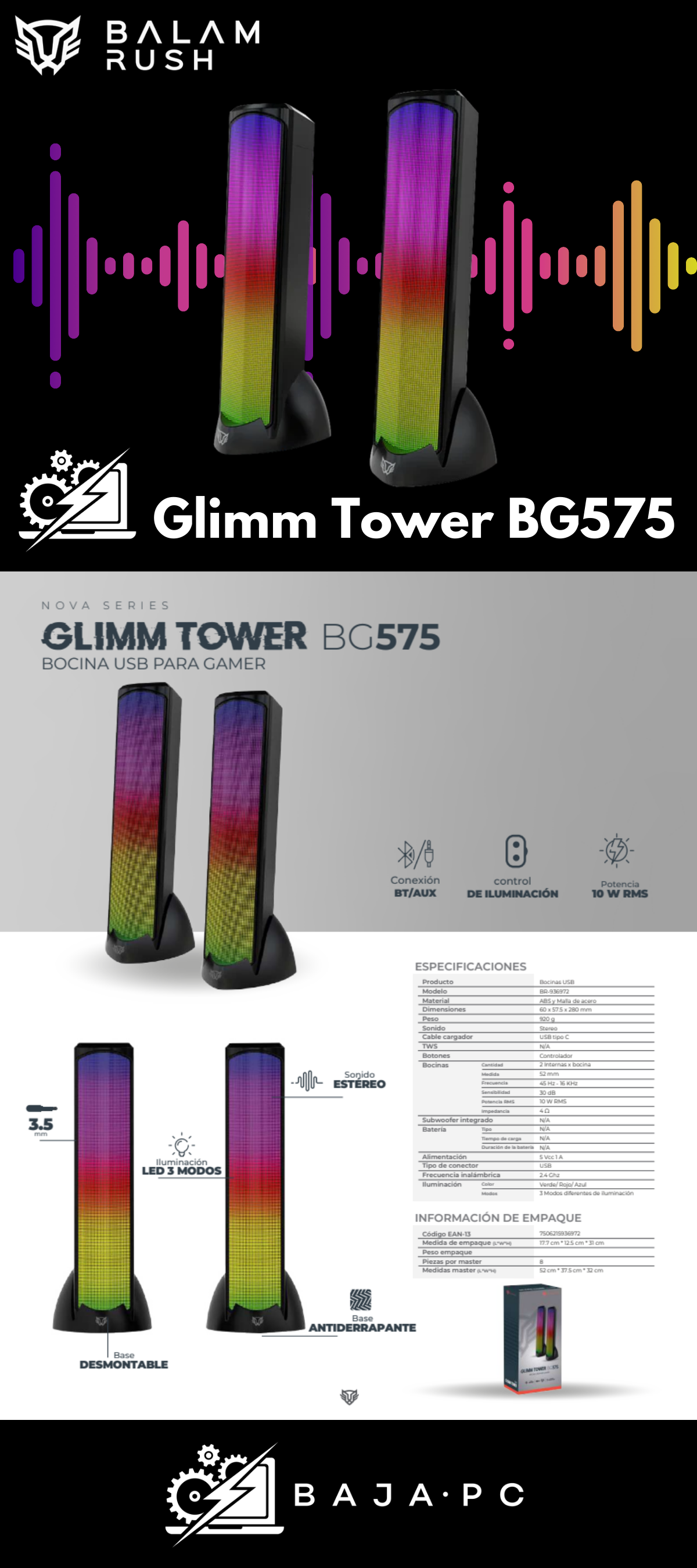 Bocina Gamer Balam Rush Glimm Tower Bg575 Bluetooth 3.5mm
