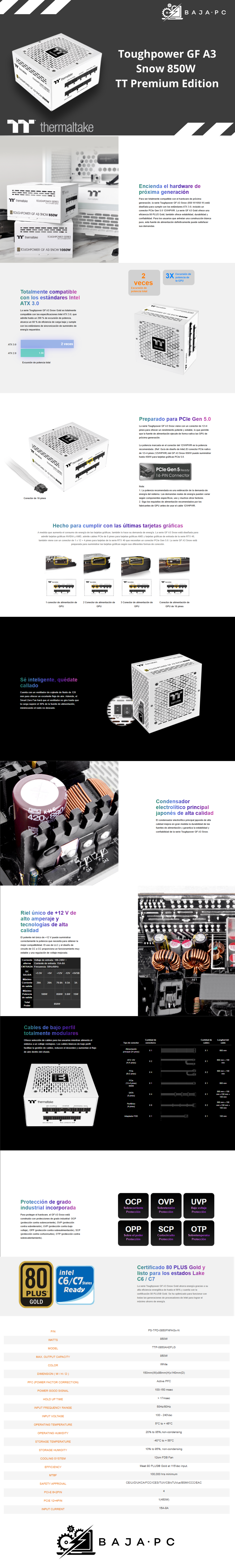 Fuente de poder Thermaltake Toughpower GF3 A3 SNOW / 850W 80+ Gold / Full Modular