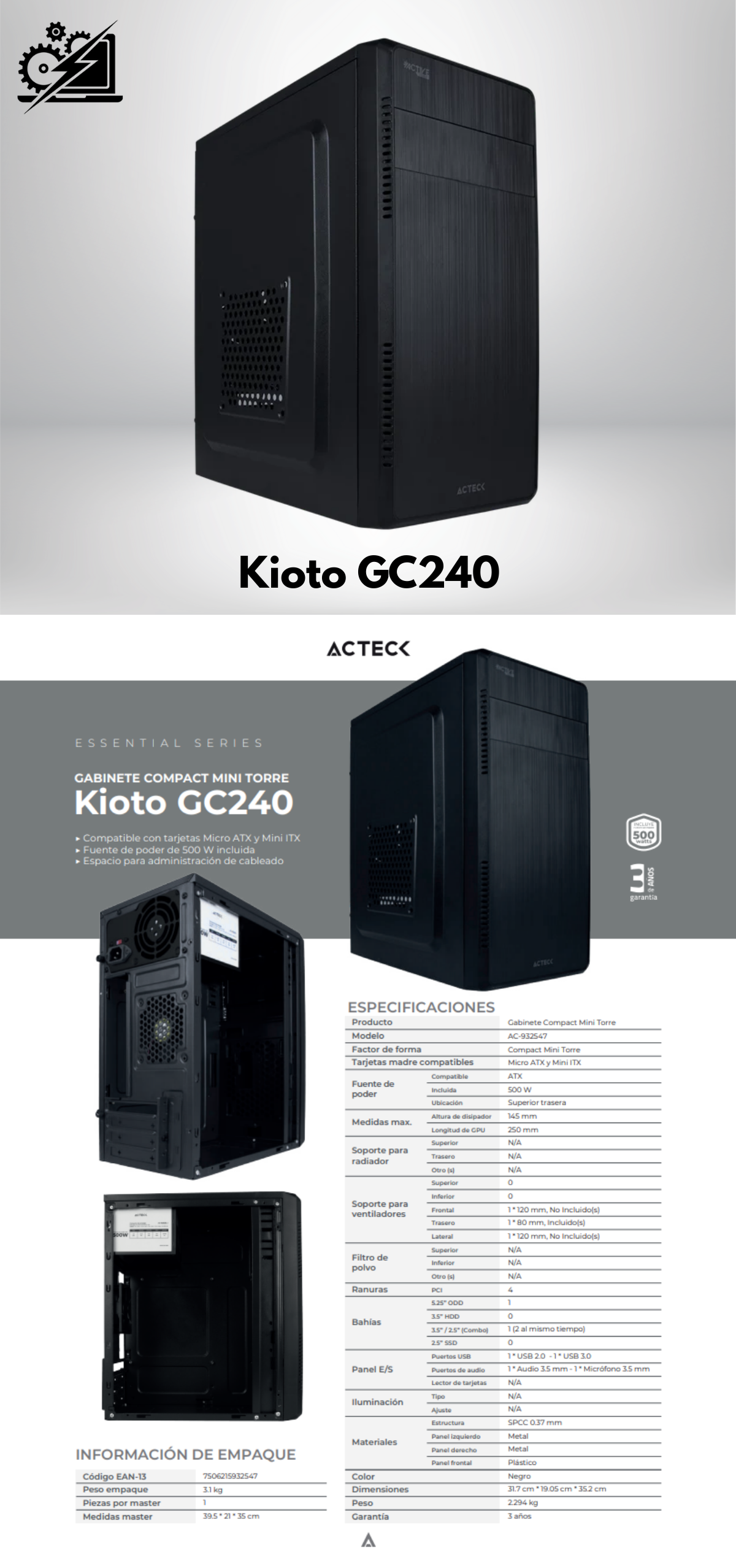 Gabinete Acteck Kioto GC240 / Mini-Tower / Micro-ATX/Mini-ITX, USB 2.0/3.0 / Fuente de 500W / 1 Ventilador Instalado / Negro