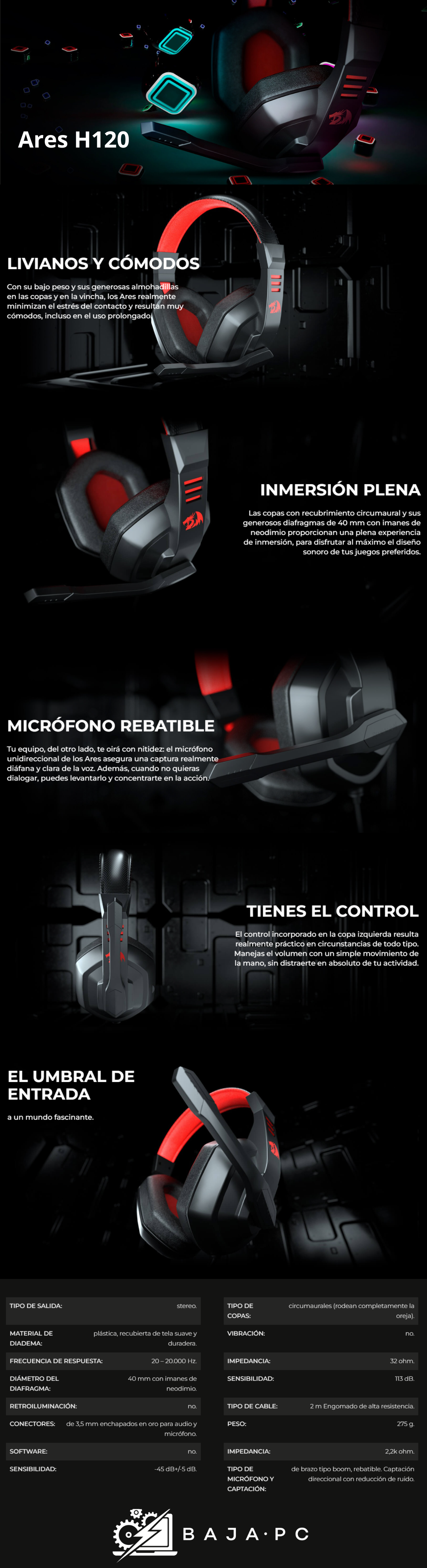 Diadema Gamer Redragon Ares H120, Alámbrico / 3.5mm / PC / Consolas