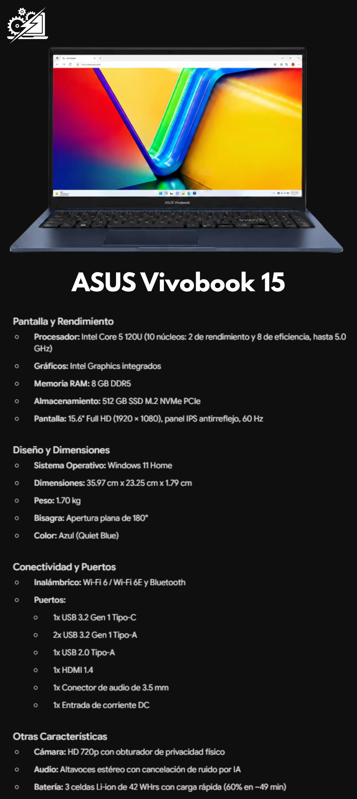 Laptop ASUS Vivobook 15 - 15.6 pulgadas Full HD Intel core 5 Intel UHD 8 GB RAM 512 GB SSD