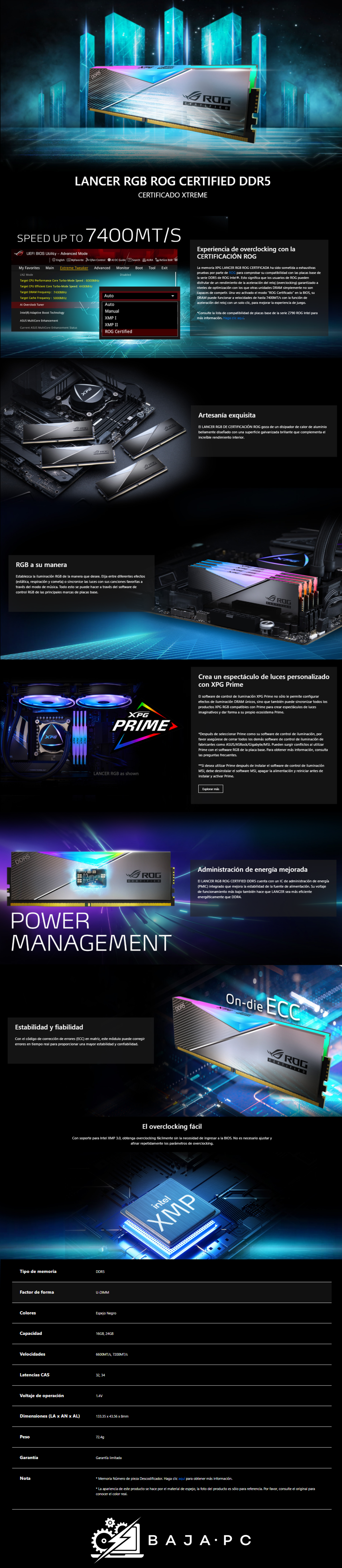 Memoria RAM XPG Lancer RGB ROG DDR5 / 6600MHz / 32GB (2x16GB) / ECC / CL32 / XMP / AX5U6600C3216G-DCLARROG