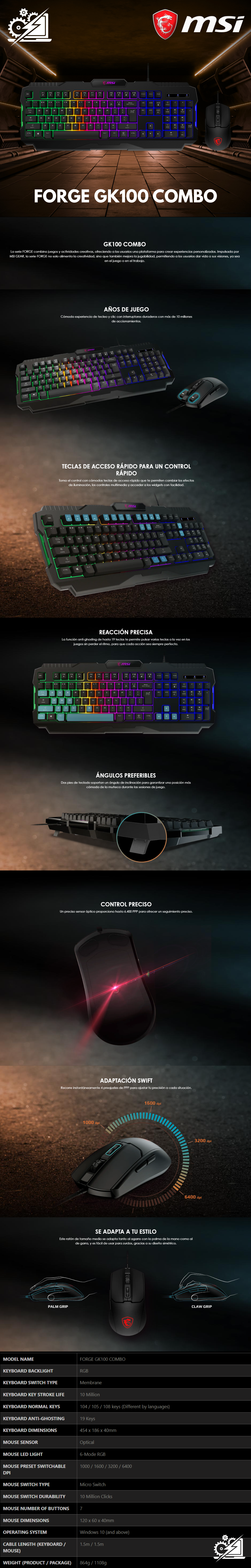 Kit Gamer de Teclado y Mouse MSI FORGE GK100 COMBO / Alámbrico / USB / Negro / GORGE GK100 COMBO US