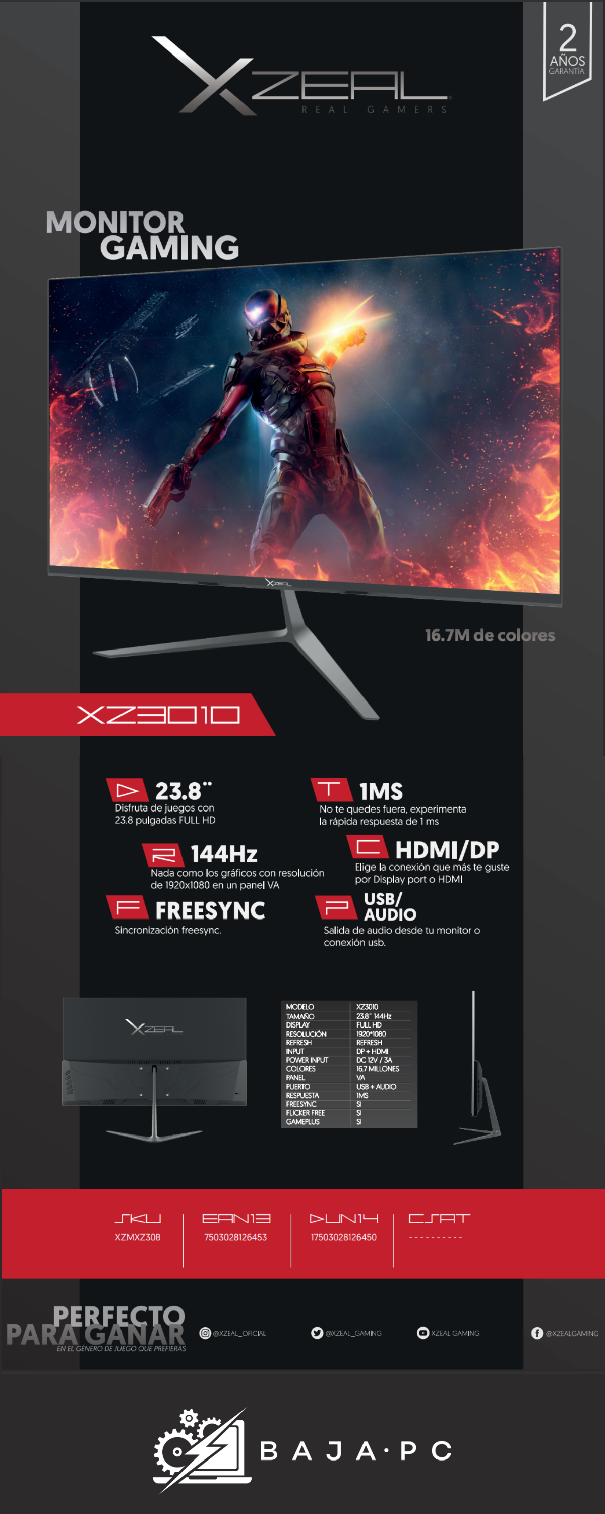 Monitor Gamer Xzeal XZ3010 / Pantalla 23.8" FHD / 144HZ / 1MS / HDMI / DP/ Freesync / Panel VA / no incluye bocinas