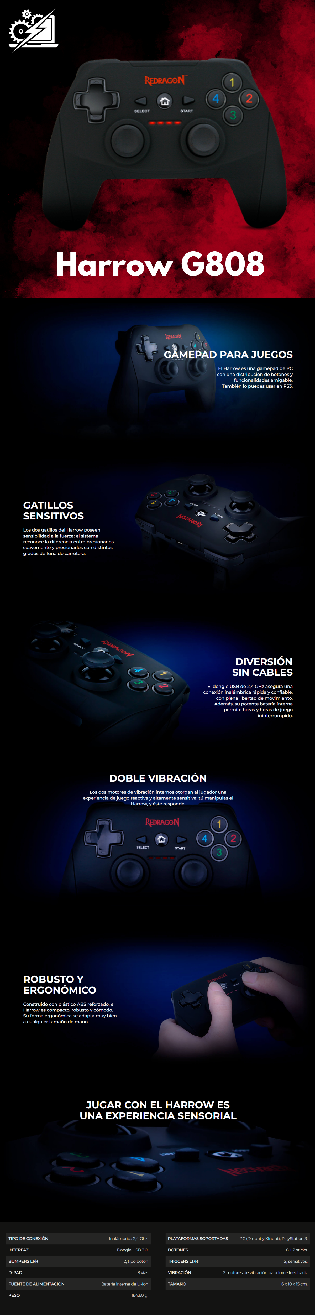 Game pad REDRAGON HARROW G808 / Multidispositivos / Consola / PC