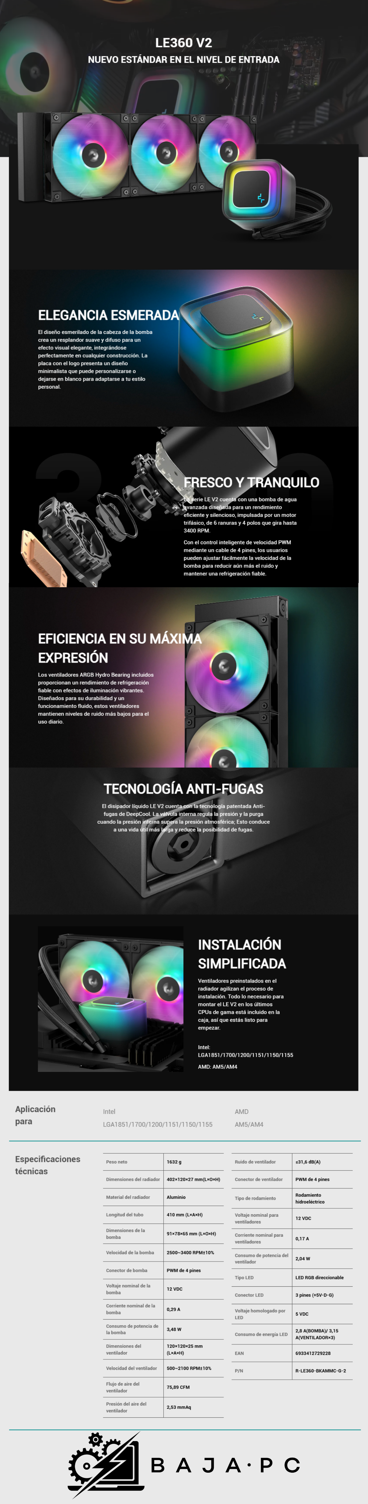 Enfriamiento Líquido DeepCool LE360 V2 / 3x120mm / Hasta 2100RPM / Negro / R-LE360-BKAMMC-G-2