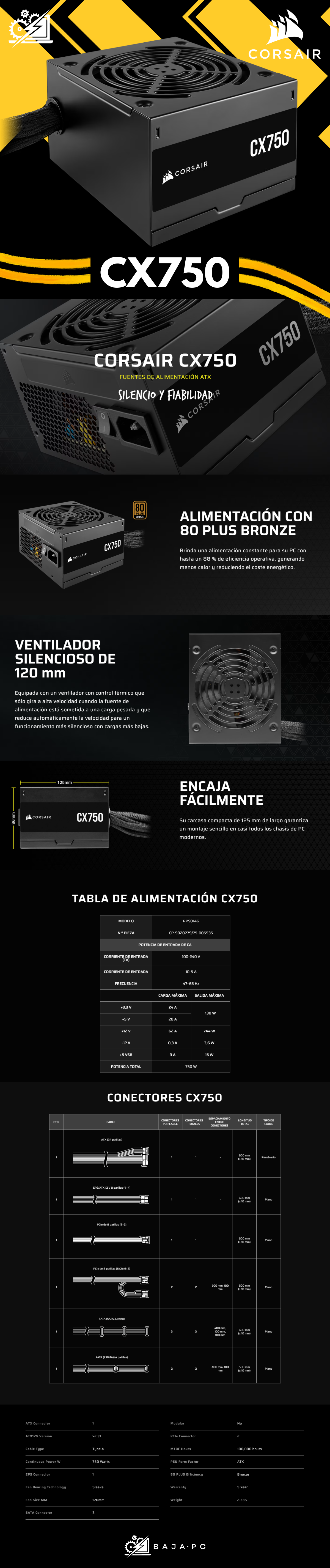 Fuente de Poder Corsair CX750 80+ Bronze / ATX / 120mm / 750W / CP-9020279-NA / PROMO CORSAIR