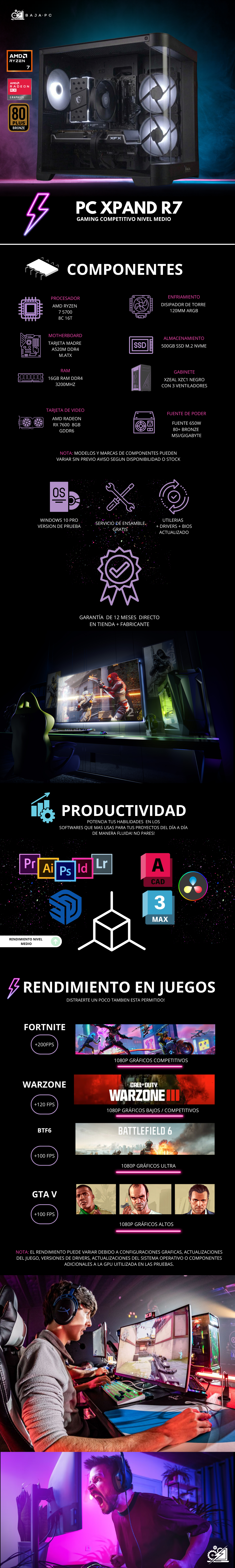 PC XPAND R7 / AMD RYZEN 7 5700 / RADEON RX 7600 / 16GB RAM / 500GB SSD NVME / DISIPADOR DE TORRE / FUENTE 650W 80+ BRONZE / W11 PRO / PROMOCION