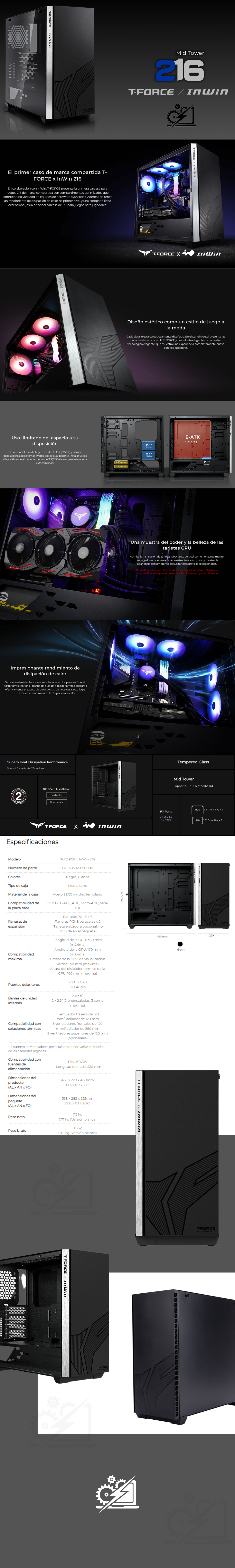 Gabinete Team Group T-FORCE x InWin 216 / Midi-Tower, ATX/EATX/Micro-ATX/Mini-ATX / Cristal Templado / USB 3.0 / Sin Fuente/ Sin Ventiladores Instalados / Negro / TG160502
