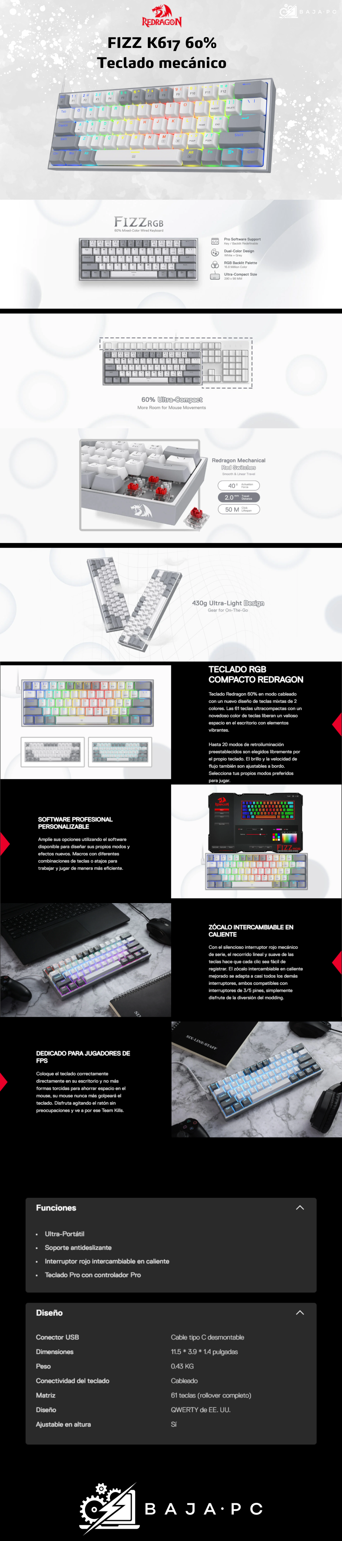 Teclado Gamer Mecánico Redragon K617 Fizz RGB / Switches Red / WHITE GRAY / Alámbrico / Iluminación LED RGB / Inglés