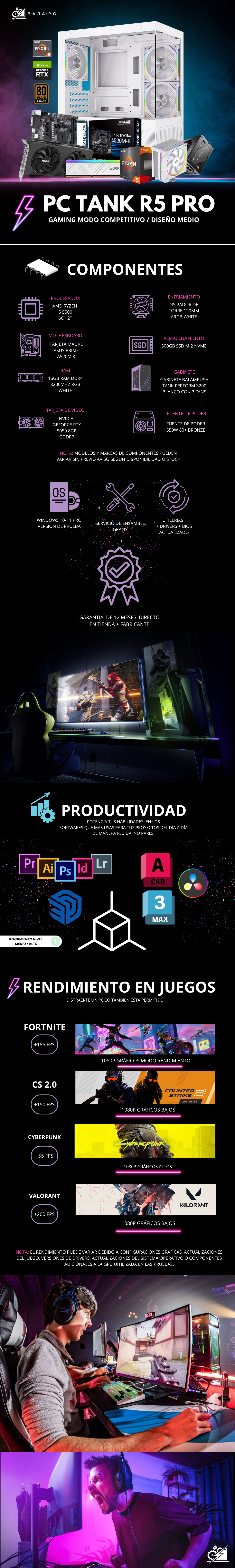 PC TANK R5 PRO / AMD RYZEN 5 5500 / RTX 5050 / 16GB RAM / 500GB SSD NVME / DISIPADOR DE TORRE / A520M / FUENTE 650W 80+ BRONZE / W11 PRO / PROMOCION