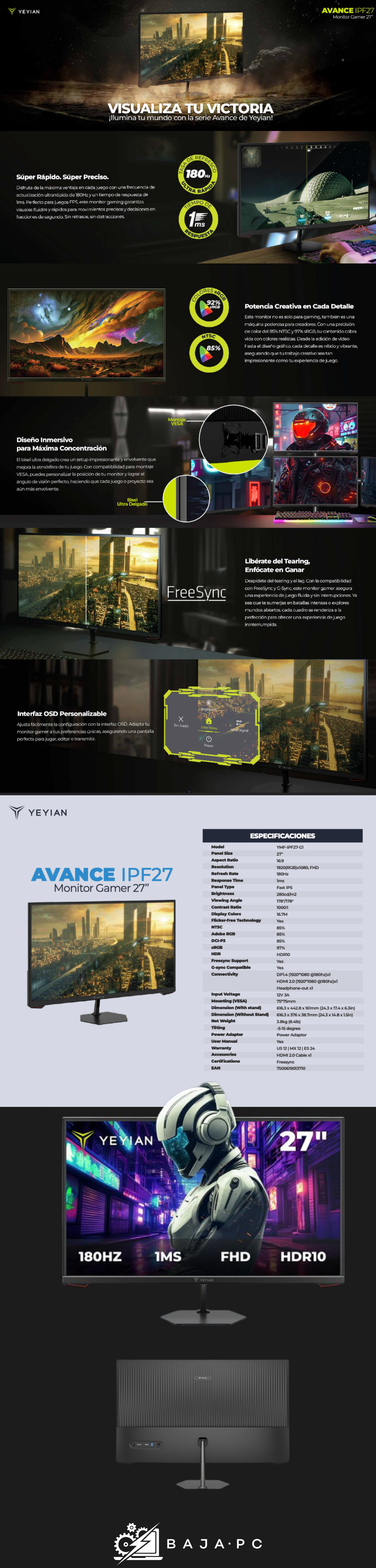 Monitor Gamer Yeyian Avance IPF27 / 27’’ FHD / 180Hz / 1MS/  Fast IPS / Modelo: YMF-IPF27-G1
