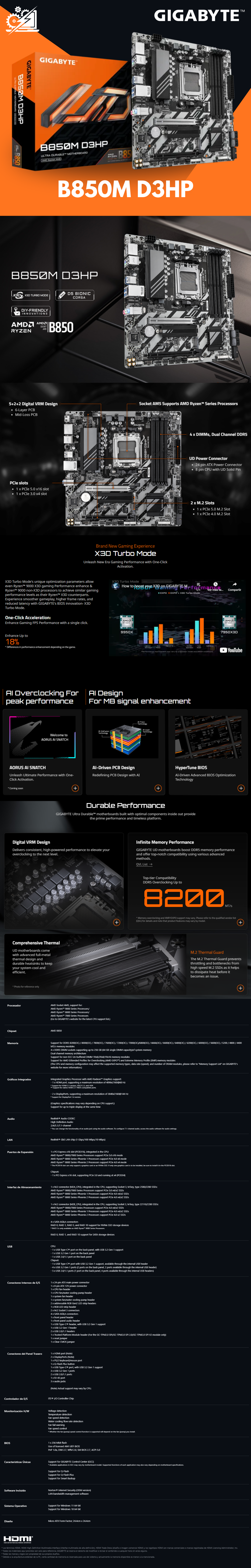 Tarjeta Madre Gigabyte B850M D3HP, Micro-ATX, Socket AM5, AMD B850, 256GB DDR5, HDMI/DP para AMD