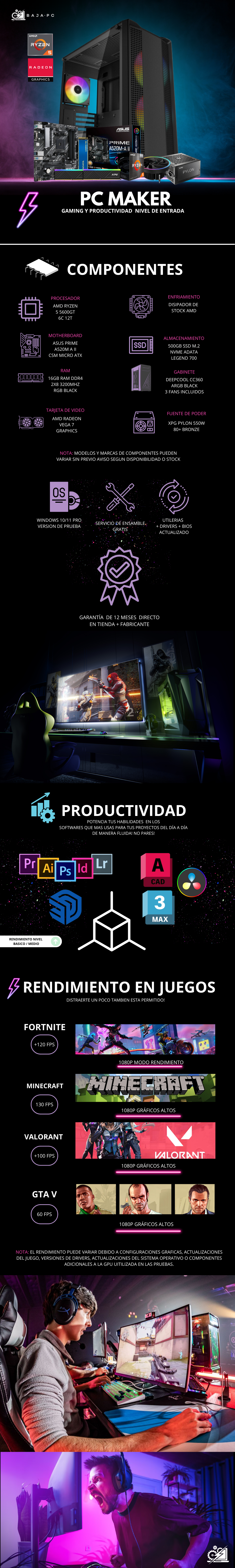 PC MAKER / AMD RYZEN 5 5600GT/ RADEON VEGA 7 / 16GB RAM / 500GB SSD M.2 NVME / DISIPADOR DE TORRE / FUENTE 550W 80+ BRONZE/ PROMOCION