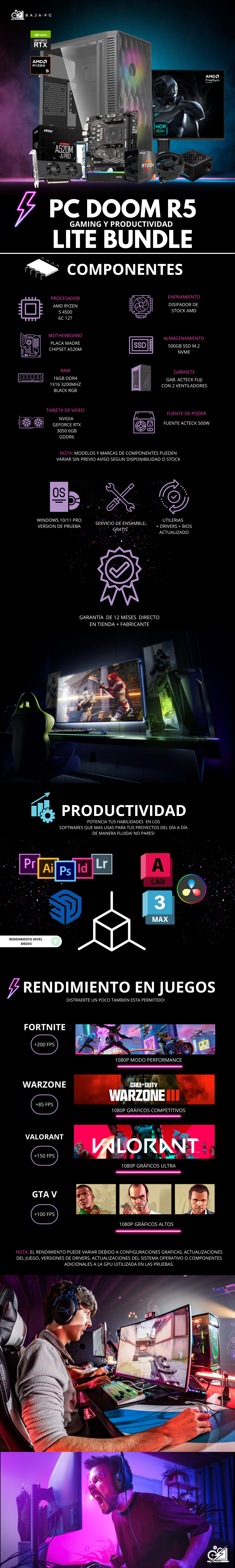 PC DOOM R5 LITE BUNDLE/ AMD RYZEN 5 4500 / RTX 3050 / 16GB RAM / 500GB SSD NVME / FUENTE 500W / INCLUYE MONITOR 24" FHD 200HZ 1MS / KIT TECLADO Y MOUSE/ PROMOCION