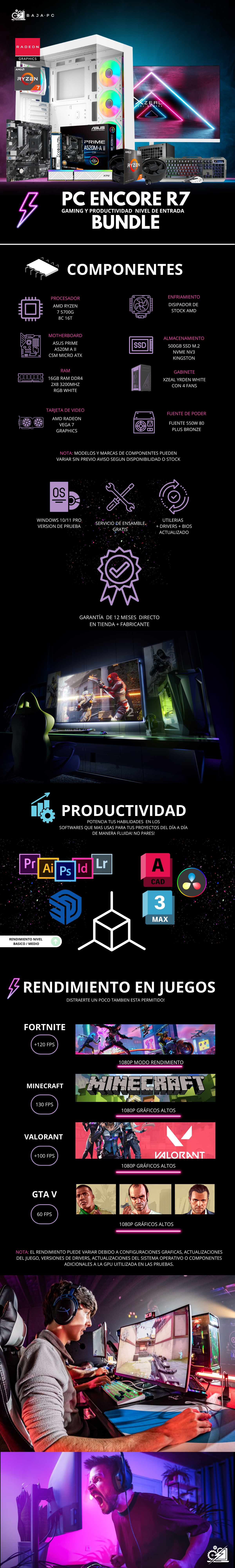 PC ENCORE R7 BUNDLE / AMD RYZEN 7 5700G / RADEON VEGA GRAPHICS / 16GB RAM / 500GB SSD M.2 NVME / 550W 80+ BRONZE / KIT TECLADO Y MOUSE / MONITOR 23.8" FHD 100HZ / PROMOCION