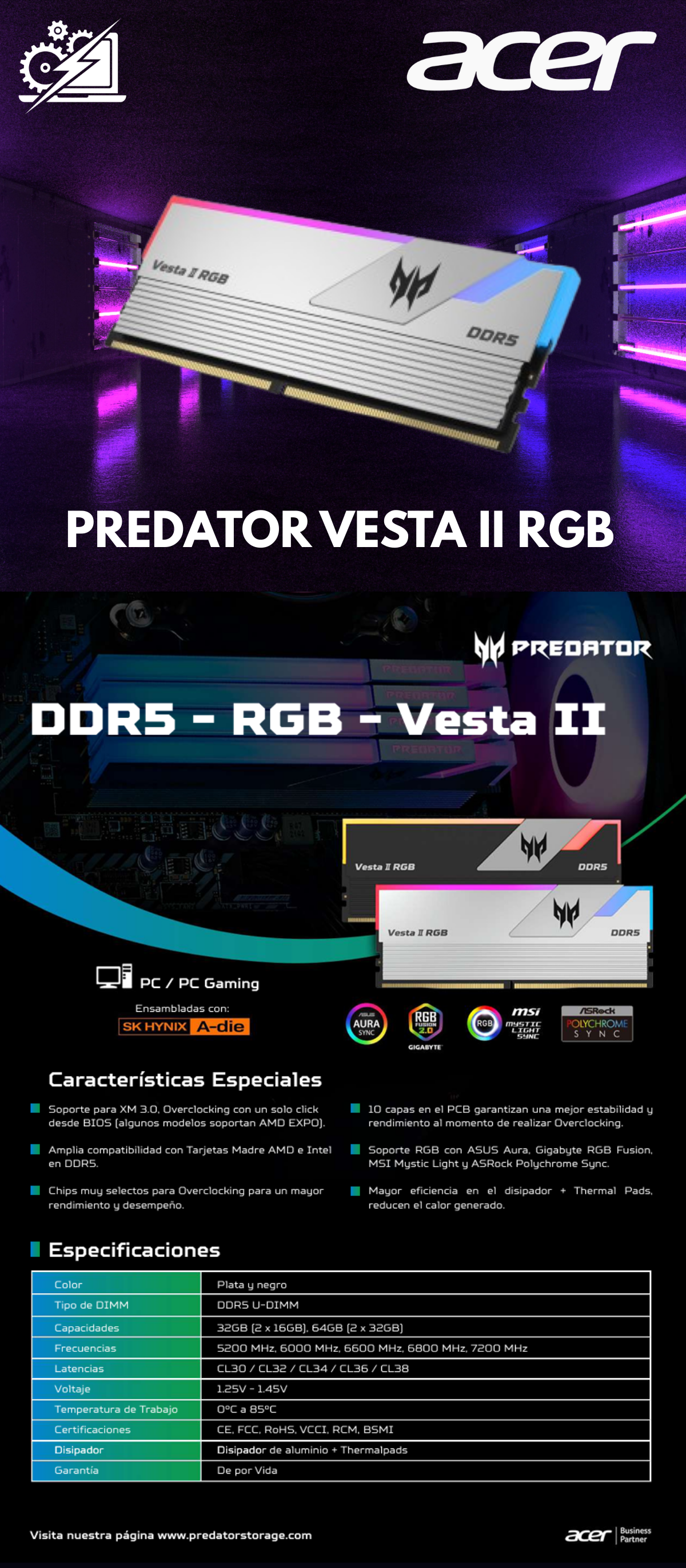 Kit Memoria RAM Acer Vesta II RGB DDR5 / 6000MHz / 64GB (2x32GB) / ECC / CL38 / XMP / Plateado / BL.9BWWR.382