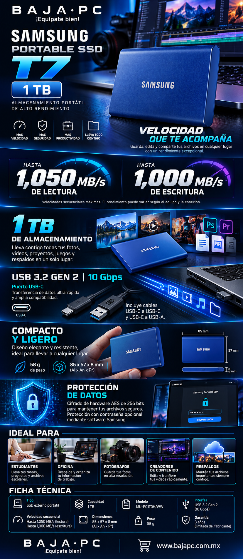 SSD Externo Portátil T7 USB 3.2 Gen 2 1TB Azul / MU-PC1T0H/WW