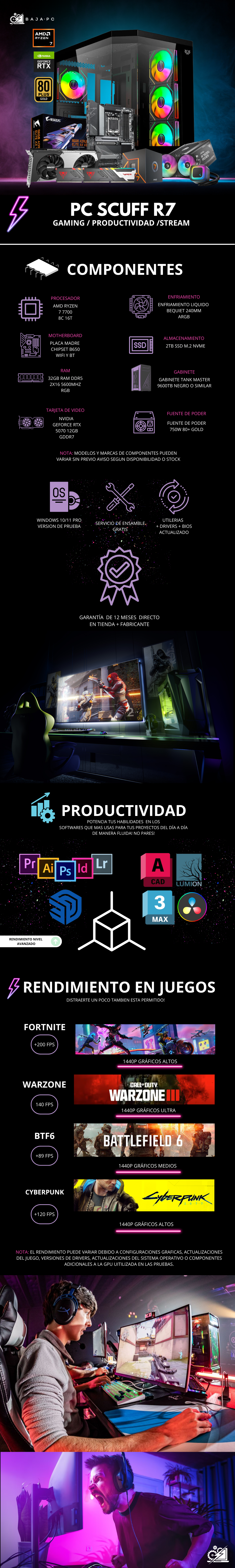 PC SCUFF R7 / AMD RYZEN 7 7700 / RTX 5070 / 32GB RAM DDR5 / 2TB SSD NVME / B650 / ENFRIAMIENTO LIQ 240MM / FUENTE 750W 80+ GOLD / W11 PRO / PROMOCION