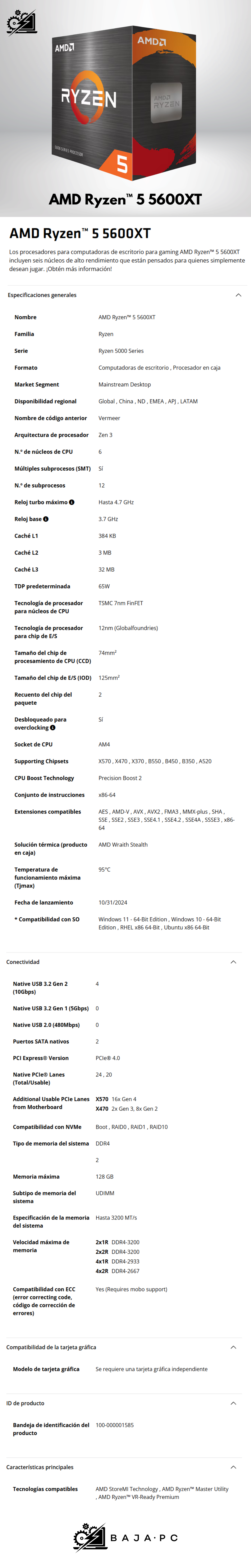 Procesador AMD Ryzen 5 5600XT / AM4 / 4.70GHz / 6 Núcleos / 32MB Caché / Incluye Disipador