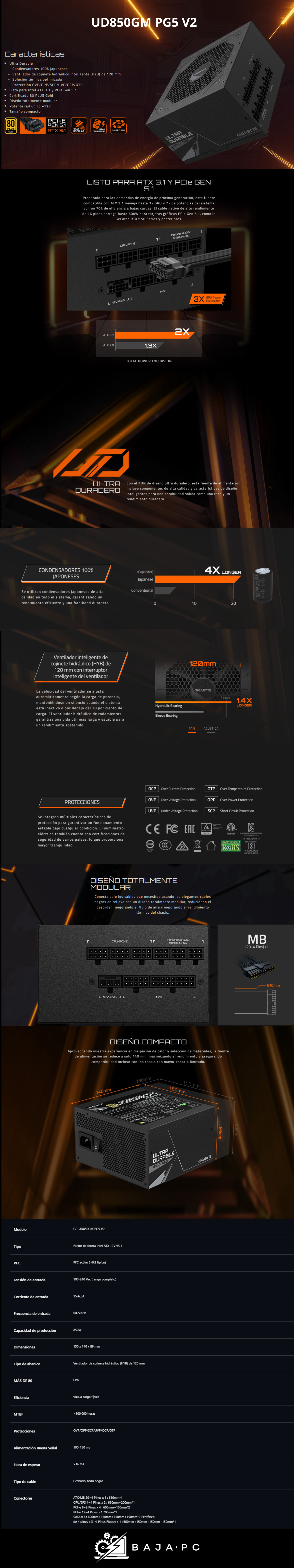 Fuente de Poder Gigabyte UD850GM PG5 V2 / 850W / 80+ Gold / Totalmente Modular / PCIe 5.0/ GP-UD850GM PG5 V2