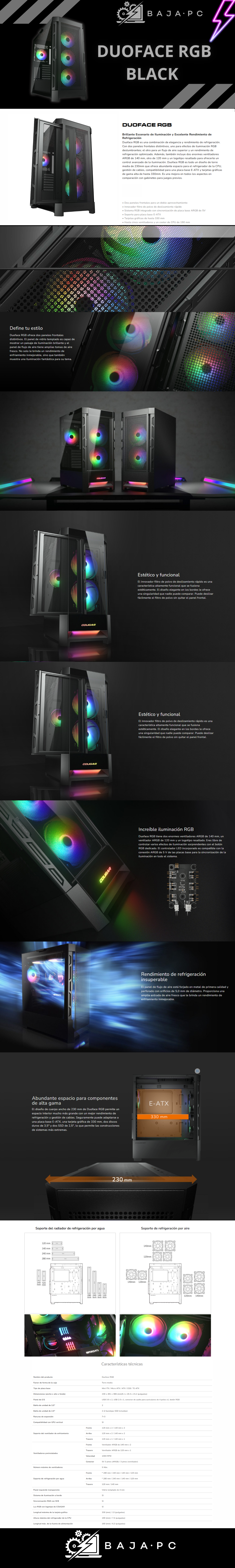 Gabinete Cougar DUOFACE RGB / Doble panel frontal: Malla y RGB / Cristal Templado / RGB / Excelente Flujo de Aire / Negro / 385ZD10.0001