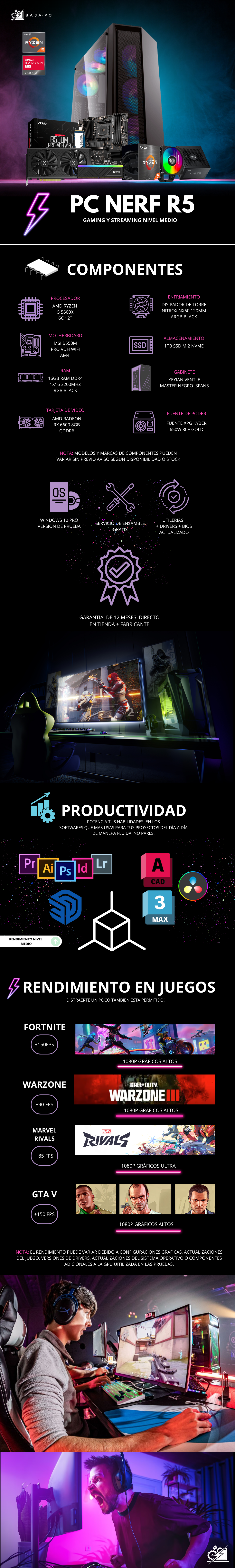 PC NERF R5 / AMD RYZEN 5 5600X / RADEON RX 6600 / 16GB RAM / 1TB SSD M.2 NVME / DISIPADOR DE TORRE / FUENTE 650W 80+ GOLD / PROMOCION