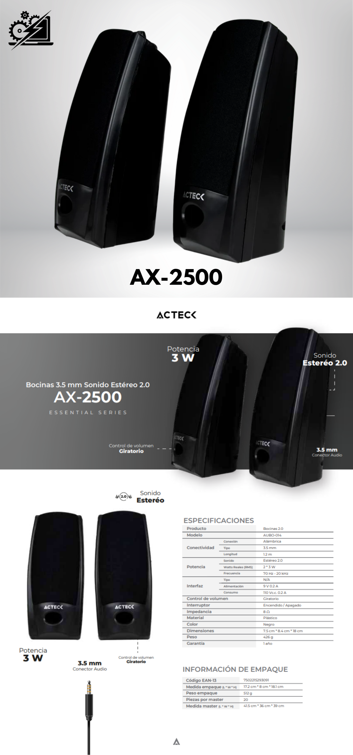 Bocinas 2.0 para escritorio | AX-2500 | Negro