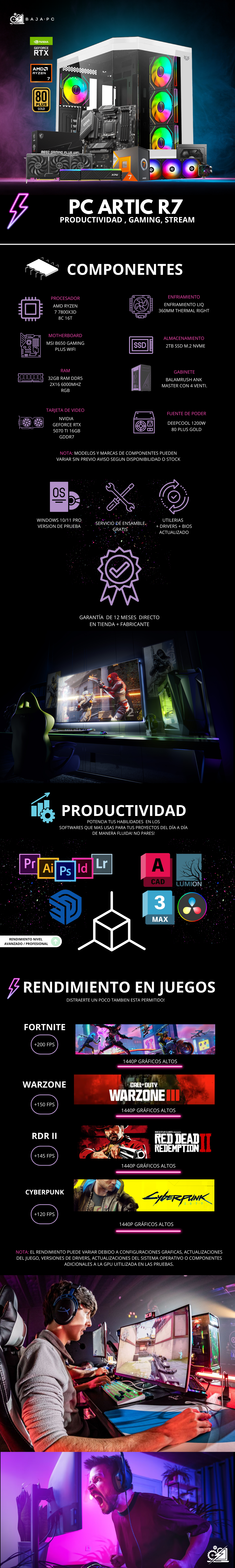 PC ARTIC R7 / AMD RYZEN 7 78000X3D / RTX 5070 TI / 32GB RAM DDR5 / 2TB SSD NVME / ENFRIAMIENTO LIQ 360MM / FUENTE 1200W 80+ GOLD / LICENCIA DE REGALO / PROMOCION