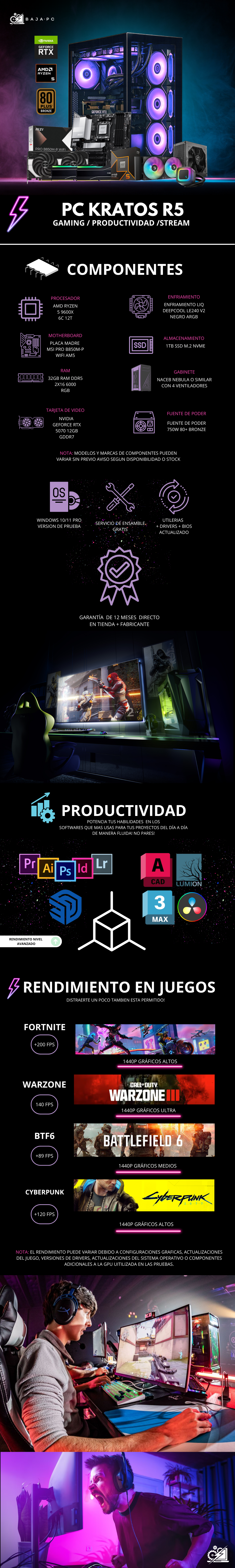 PC KRATOS R5 / AMD RYZEN 5 9600X/ RTX 5070 / 32GB RAM DDR5 / 1TB SSD NVME / ENFRIAMIENTO LIQ 240MM / FUENTE 750W 80+ BRONZE / W11 PRO / PROMOCION