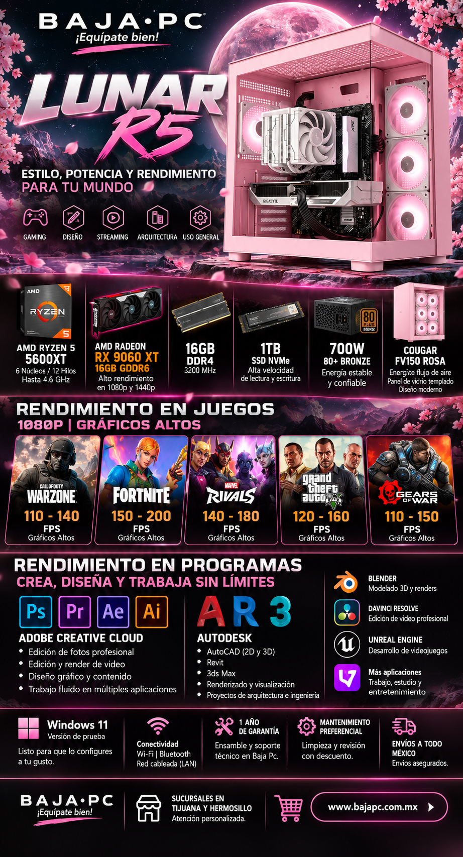 PC LUNAR R5 / AMD RYZEN 5 5600XT / RADEON RX 9060 XT 16G / 16GB RAM DDR4 / 1TB SSD NVME / DISIPADOR DE TORRE DOBLE / FUENTE 700W 80+ BRONZE / W11 PRO / PROMOCION