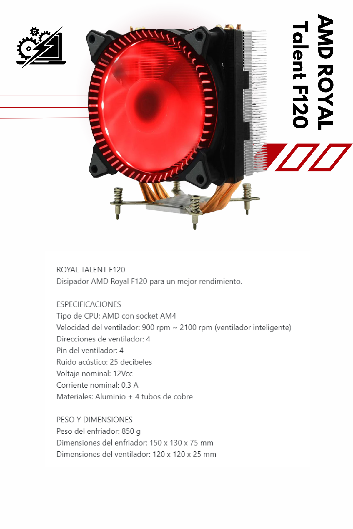 Disipador Gamer AMD ROYAL Talent F120 120mm F120 AM4