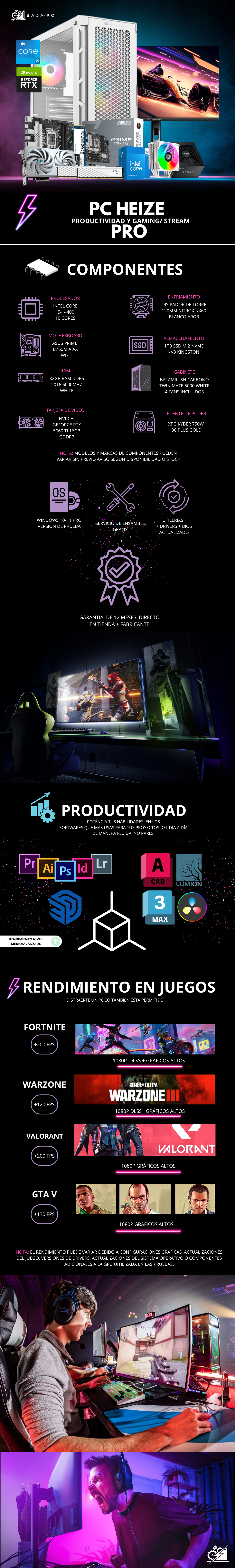 PC HEIZE PRO BUNBDLE / INTEL CORE I5-14400 / RTX 5060 TI / 32GB RAM DDR5 / 1TB SSD M.2 NVME / DISIPADOR DE TORRE / FUENTE 750W 80+ GOLD / INCLUYE MONITOR 23.8" FHD IPS 165HZ 1MS / PROMOCION