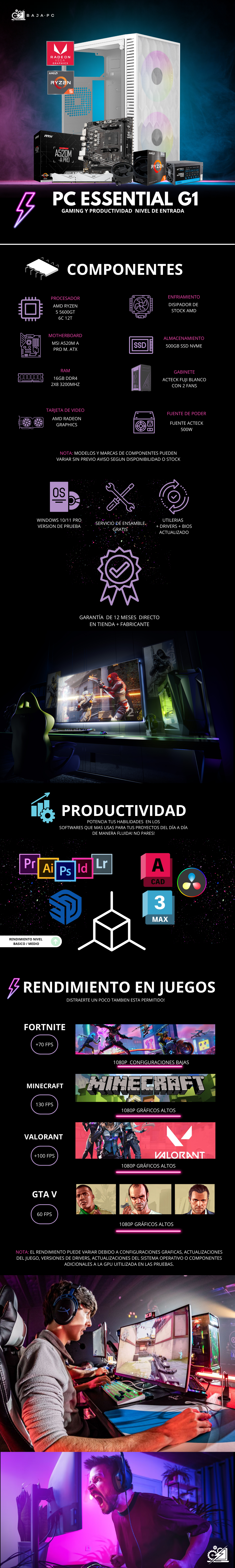 PC ESSENTIAL G1 / AMD RYZEN 5 5600GT / AMD RADEON GRAPHICS/ 16GB RAM / 500GB SSD NVME / FUENTE 500W / PROMOCION