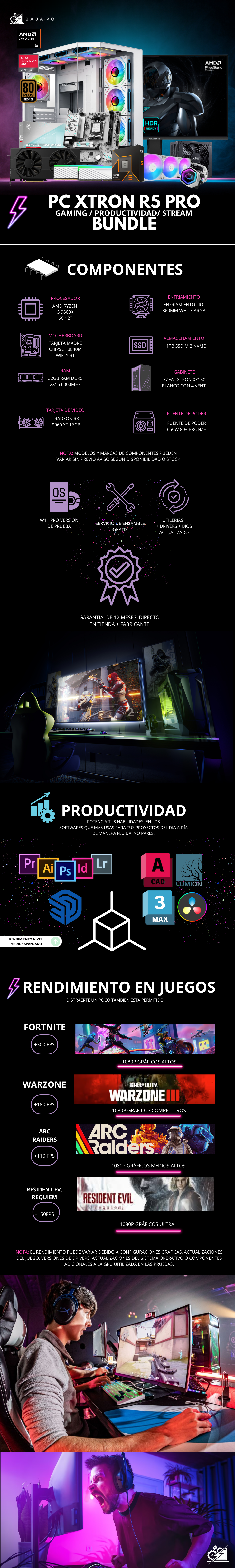 PC XTRON R5 PRO BUNDLE / AMD RYZEN 5 9600X / RADEON RX 9060 XT 16G / 32GB RAM DDR5 / 1TB SSD NVME / ENFRIAMIENTO LIQ 360MM / FUENTE 650W 80+ BRONZE / W11 PRO/ MONITOR GIGABYTE 24" FHD 200HZ / PROMOCION