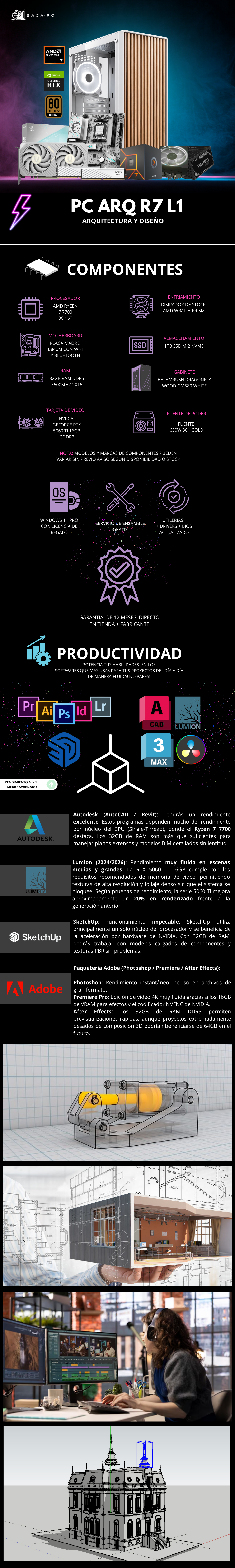 PC ARQ R7 L1 / AMD RYZEN 7 7700 / RTX 5060 TI 16G / 32GB RAM DDR5 / 1TB SSD NVME / FUENTE 650W 80+ GOLD / W11 PRO / PROMOCION