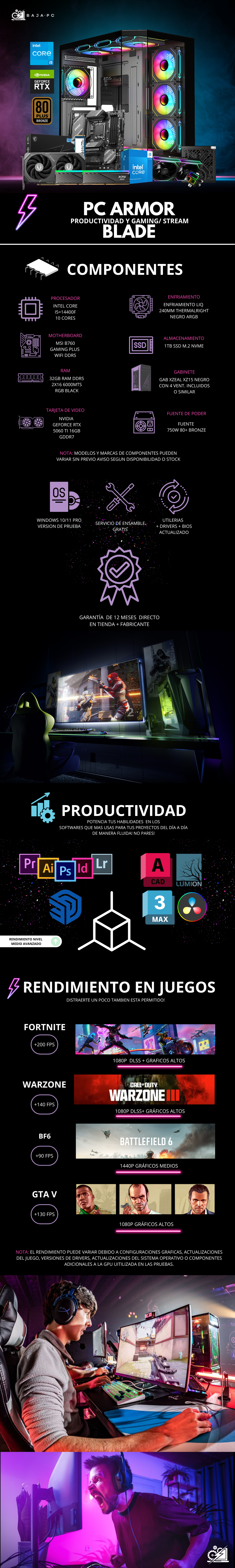 PC ARMOR BLADE / INTEL CORE I5-14400F/ RTX 5060 TI 16G / 32GB RAM DDR5 / 1TB SSD NVME / ENFRIAMIENTO LIQ 240MM / FUENTE 750W 80+ BRONZE / W11 PRO / PROMOCION