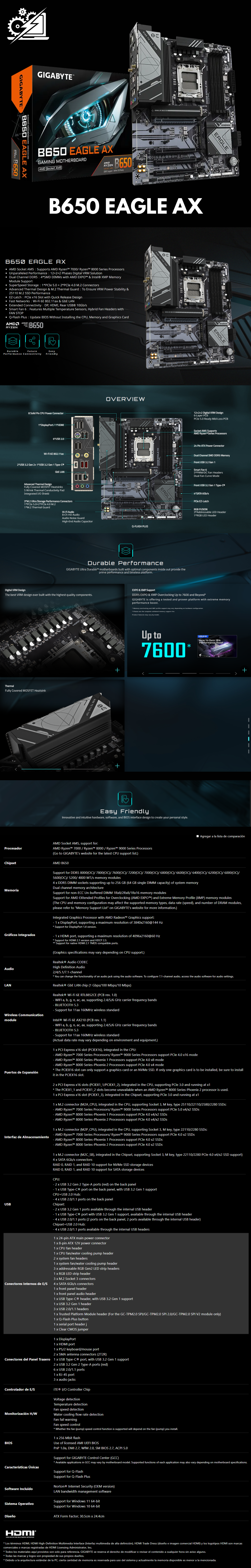 Tarjeta Madre Gigabyte ATX B650 EAGLE AX / AM5 / AMD B650 / HDMI / Up To 256GB DDR5 / B650 EAGLE AX