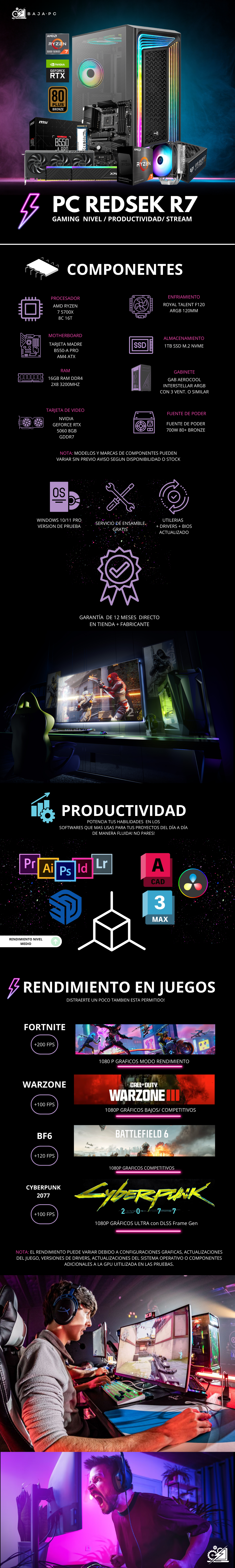 PC REDSEK R7 / AMD RYZEN 7 5700X / RTX 5060 / 16GB RAM / 1TB SSD NVME / FUENTE 700W 80+ BRONZE / DISIPADOR DE TORRE / W11 PRO / PROMOCION