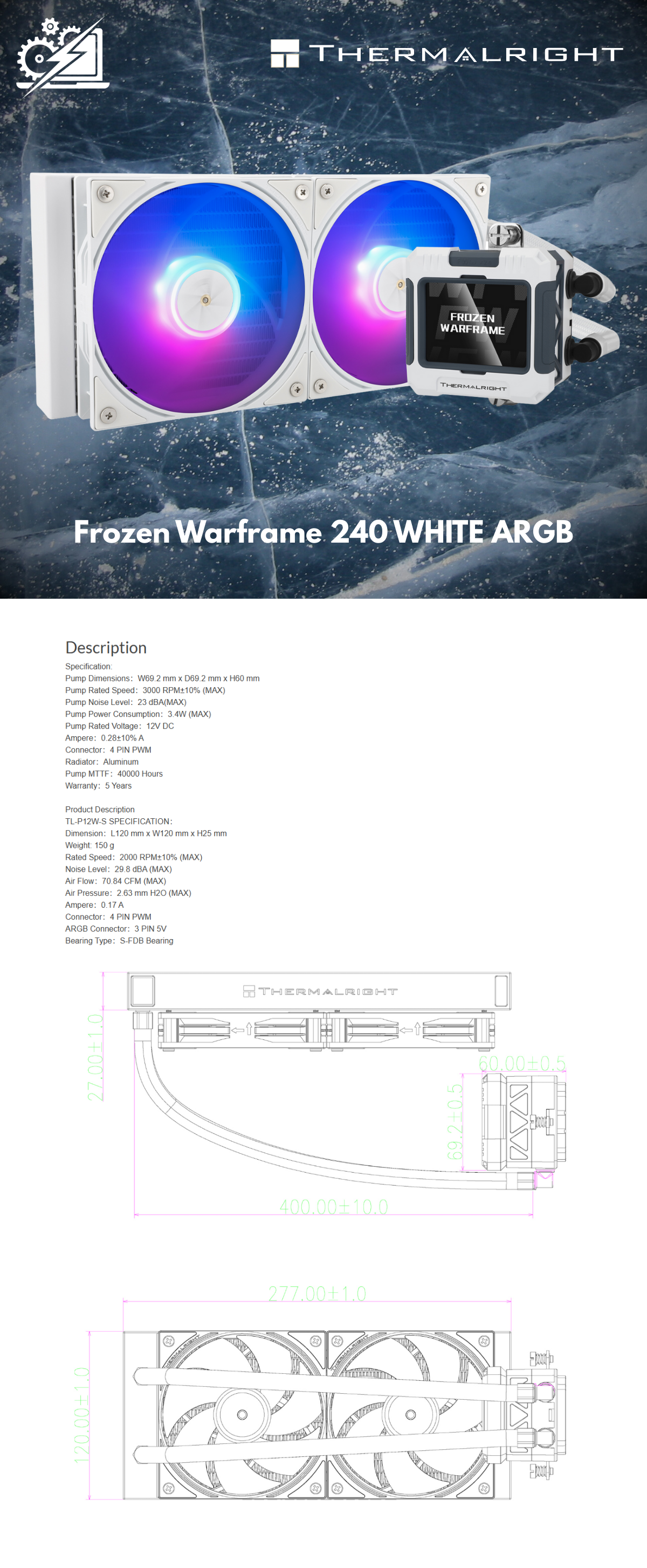 Thermalright FW240 Enfriador AIO de CPU BLANCO, sistema de refrigeración por agua con especificación PC 240, pantalla LCD IPS con resolución de 320 * 240, para AM5 e Intel LGA1700 / 17XX