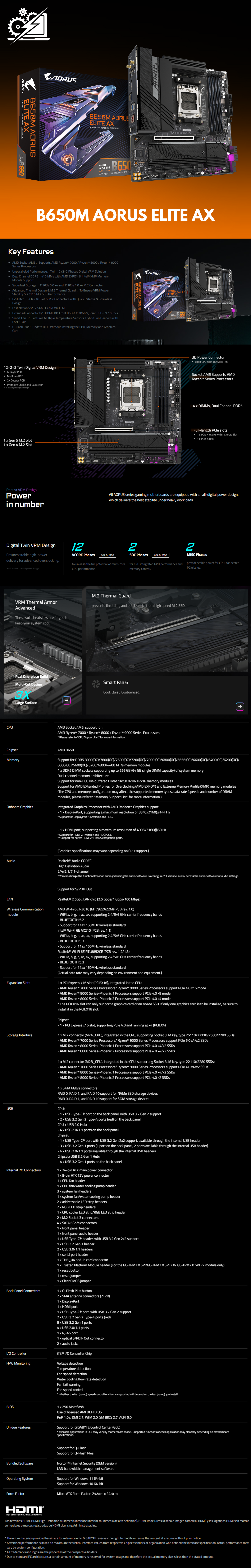GIGABYTE B650M AORUS Elite AX (AM5/ LGA 1718/ AMD B650/ Micro-ATX/DDR5/ 2* M.2/ PCIe 5.0/ USB 3.2 Gen2X2 Type-C/Intel 2.5GbE LAN/Q-Flash Plus/EZ-Latch