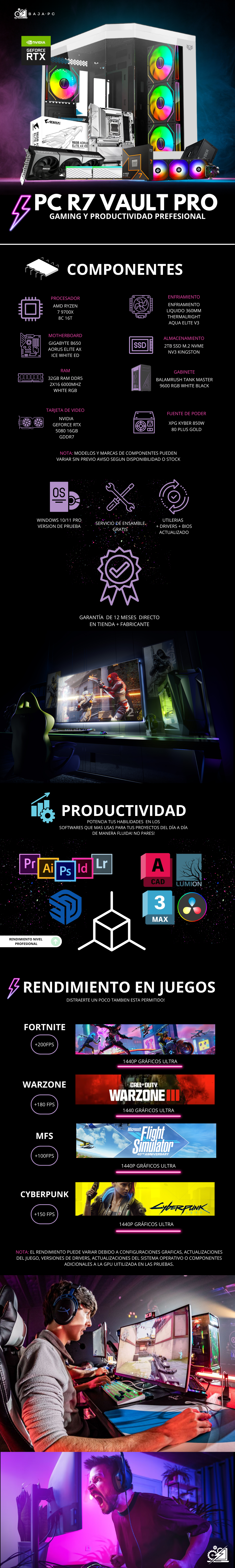 PC R7 VAULT PRO / AMD RYZEN 7 9700X / RTX 5080 / 32GB RAM DDR5 / 2TB SSD NVME / ENFRIAMIENTO LIQ 360MM / FUENTE 850W 80+ GOLD / PROMOCION
