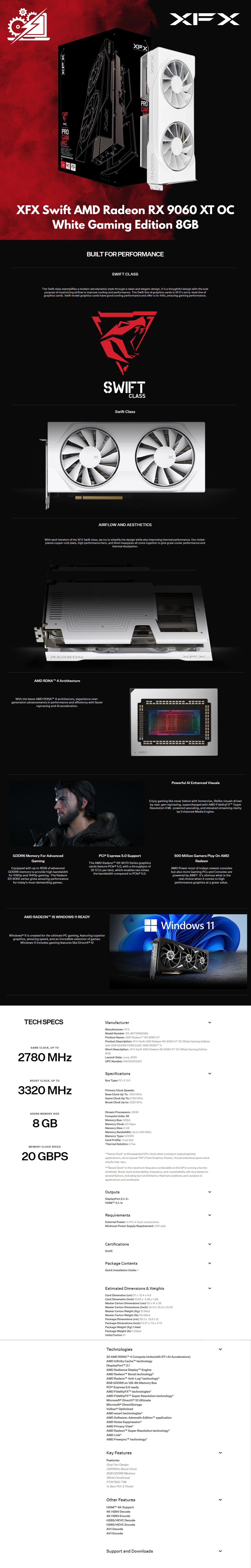 Tarjeta de Video XFX SWIFT RX 9060 XT OC WHITE GAMING / 8GB GDDR6 / 128-bit / DisplayPort / HDMI