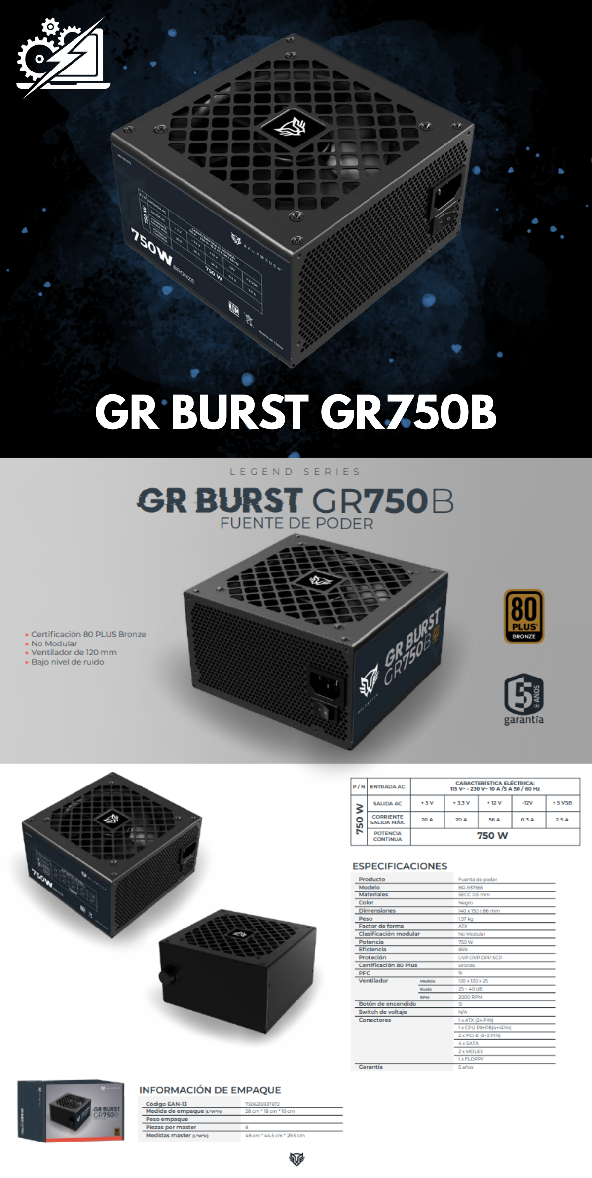 Fuente de Poder Balam Rush GR Burst GR750B 80+ Bronze / 20+4 pin / ATX / 750W / BR-937672