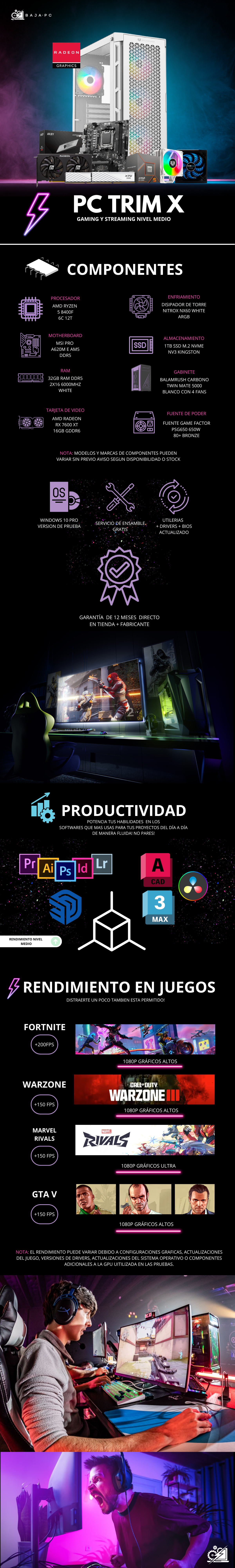 PC TRIM X / AMD RYZEN 5 8400F / RADEON RX 7600 XT / 32GB RAM DDR5 / 1TB SSD NVME / DISIPADOR DE TORRE ARGB / FUENTE 650W 80+ BRONZE / PROMOCION