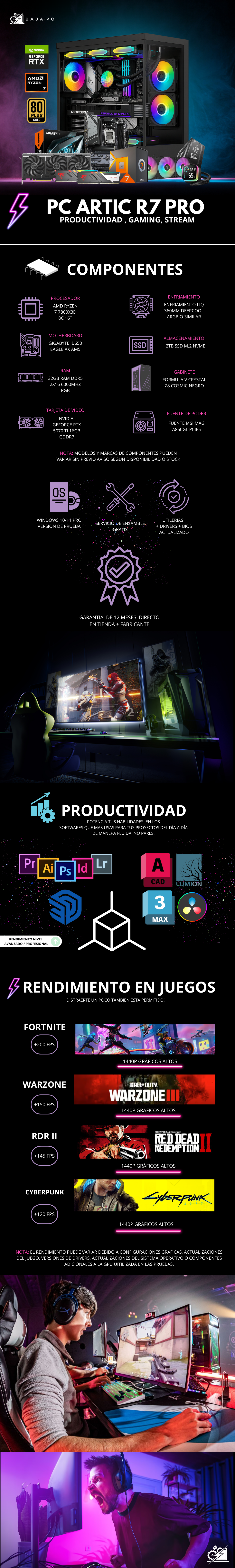PC ARTIC R7 PRO/ AMD RYZEN 7 7800X3D / RTX 5070 TI 16G / 32GB RAM DDR5 / 2TB SSD NVME / ENFRIAMIENTO LIQ 360MM / FUENTE 850W 80+ GOLD / W11 PRO / PROMOCION