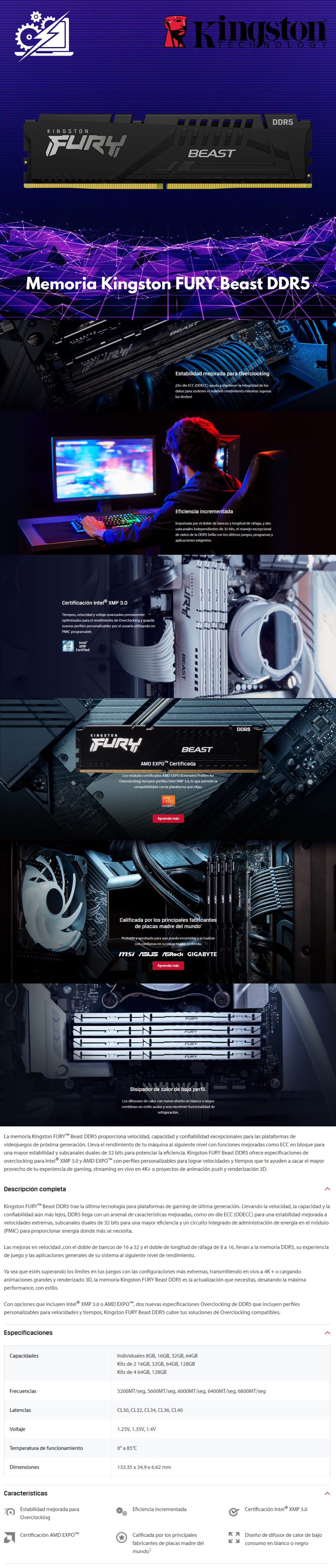 Memoria Kingston FURY Beast DDR5 / 1 X 32GB / 5600MT/seg / CL40 / 1.25V / NEGRO / SOLO VENTA EN ENSAMBLE