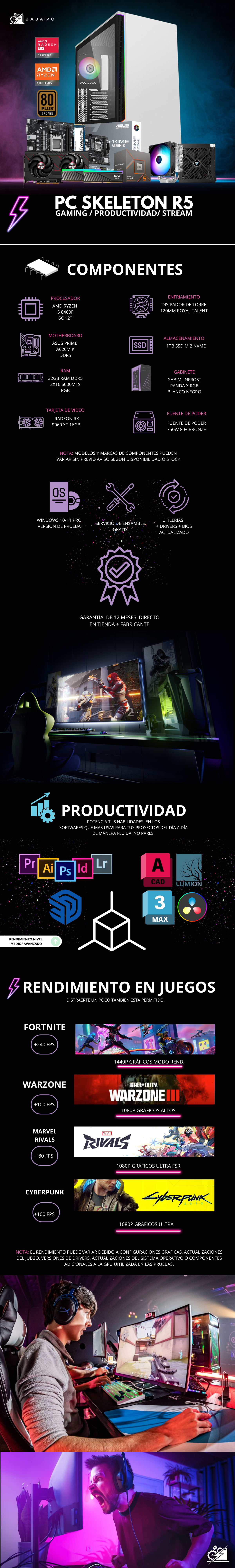 PC SKELETON R5 / AMD RYZEN 5 8400F / RADEON RX 9060 XT 16G / 32GB RAM DDR5 / 1TB SSD NVME / DISIPADOR DE TORRE / FUENTE 750W 80+ BRONZE / W11 PRO / PROMOCION